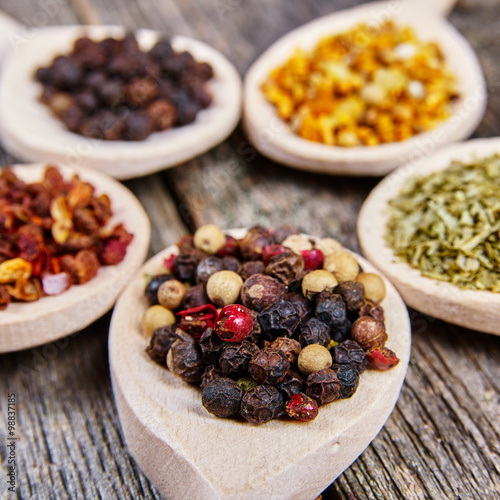 Spices on wooden spoons