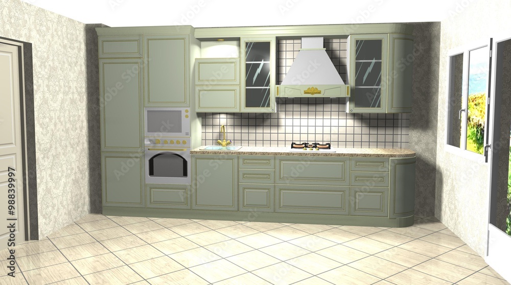 3D rendering interior design green kitchen in a classic style 3D rendering interior design green kitchen in a classic style
