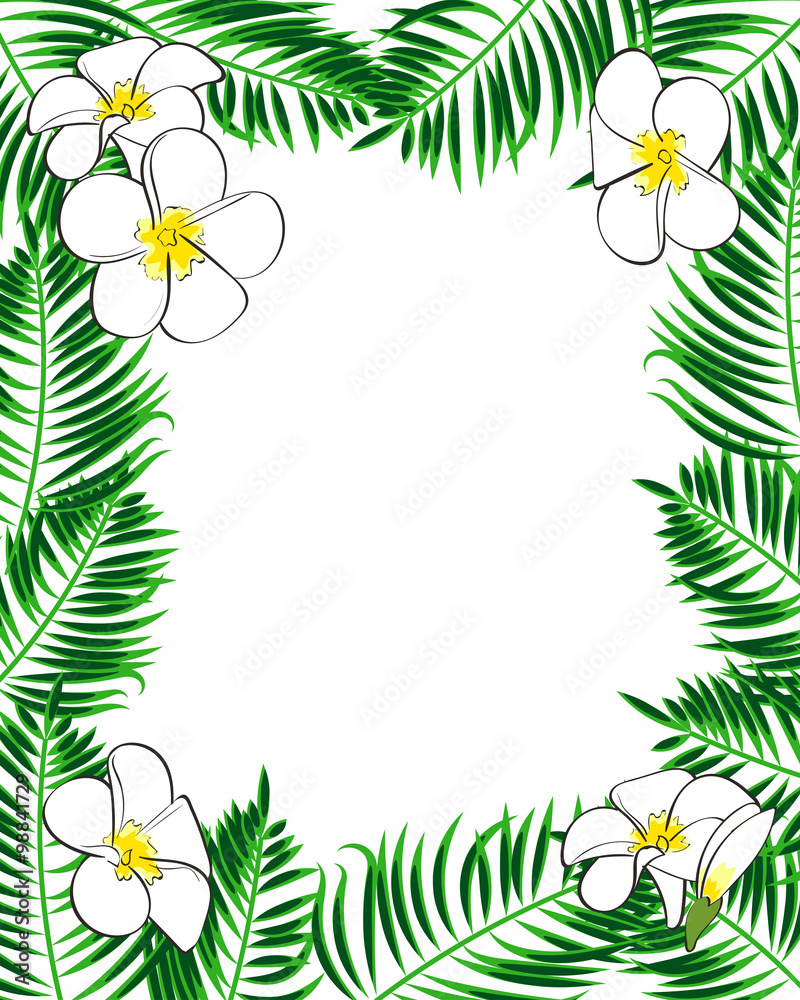 Tropical frame. Aloha style. Palm leaves and flowers on the white background Tropical frame. Aloha style. Palm leaves and flowers on the white background
