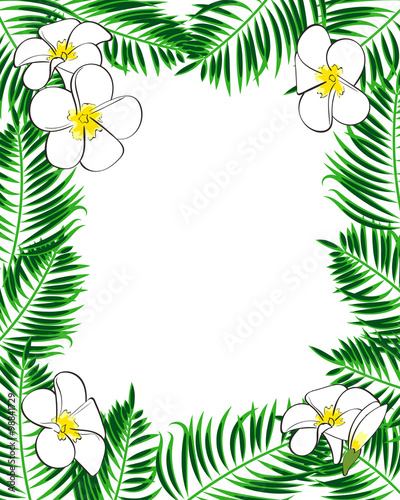 Tropical frame. Aloha style. Palm leaves and flowers on the white background