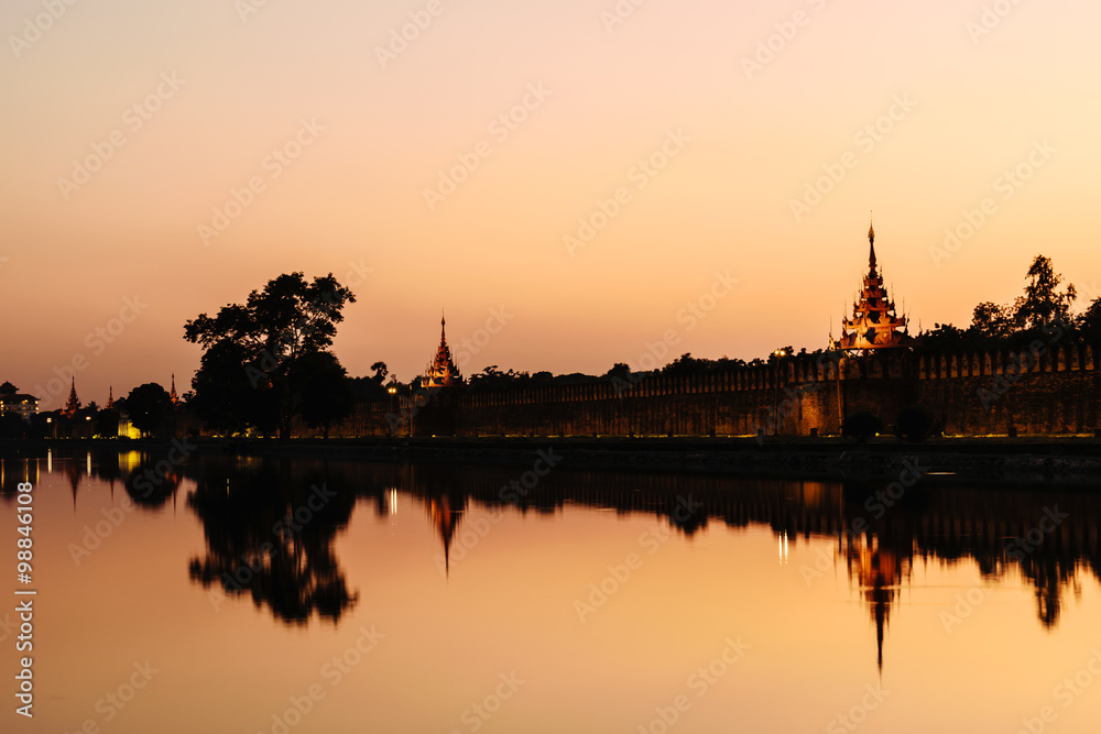 Moat and Fort of Mandalay palace at sunset