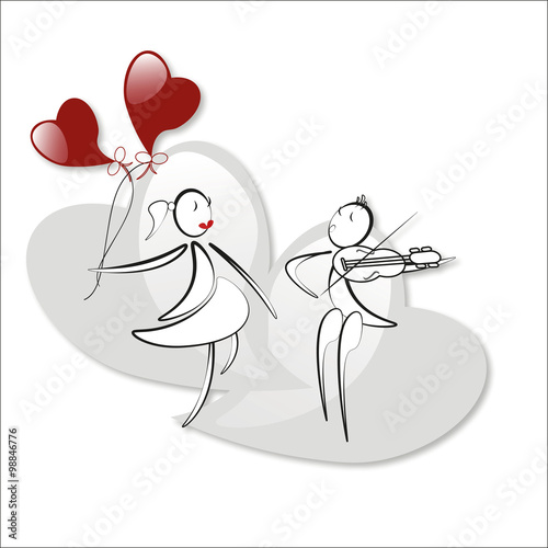 boy plays the violin, girl with red hearts baloons