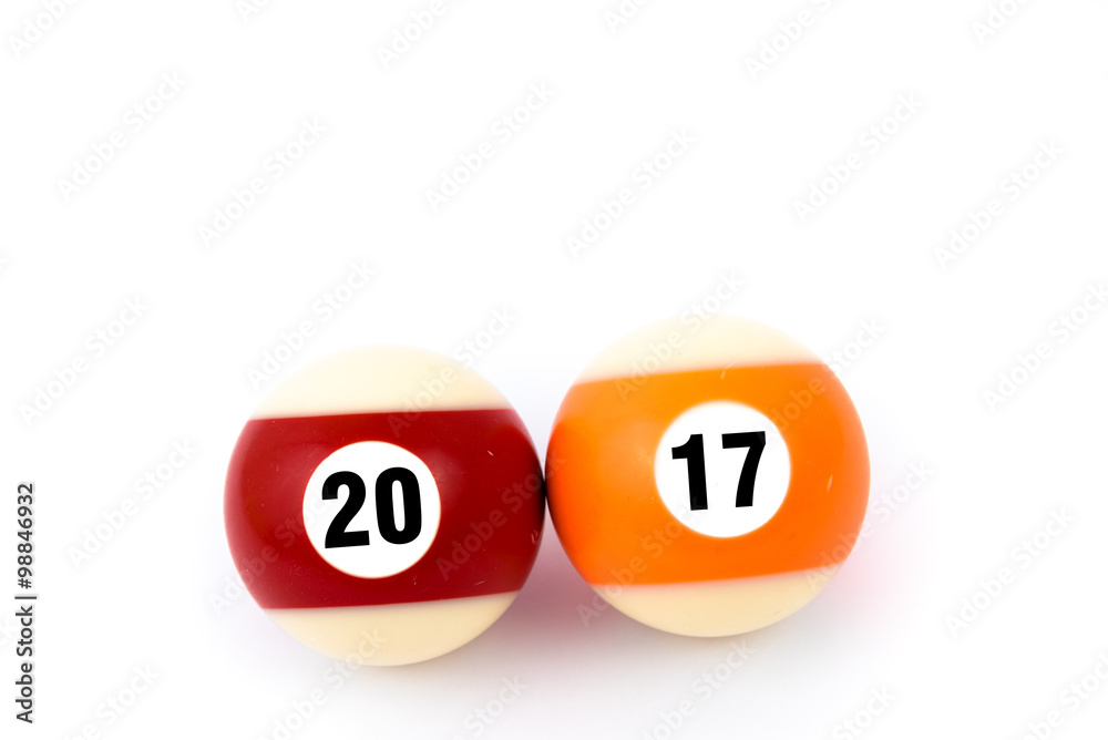 Two billiard balls isolated on a white background, showing together year 2017 Two billiard balls isolated on a white background, showing together year 2017