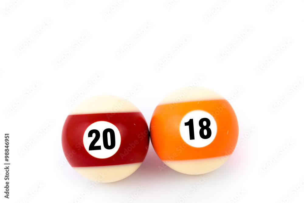 Two billiard balls isolated on a white background, showing together year 2018 Two billiard balls isolated on a white background, showing together year 2018