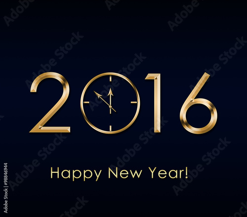 2016 Happy New Year background with gold clock