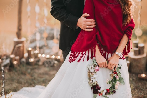 Wedding couple in the evening. Peaceful romantic moment