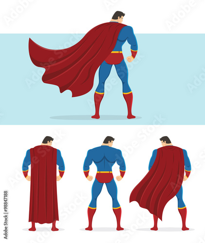 Rear view of superhero with red cape flowing in the wind. Below are 3 additional versions. No gradients used.
