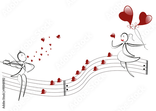 boy plays the violin, hearts notes, girl with red hearts baloons