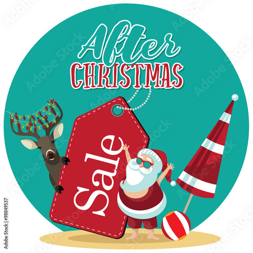
After Christmas sale cartoon Santa waves hello from the beach. Eps10 vector