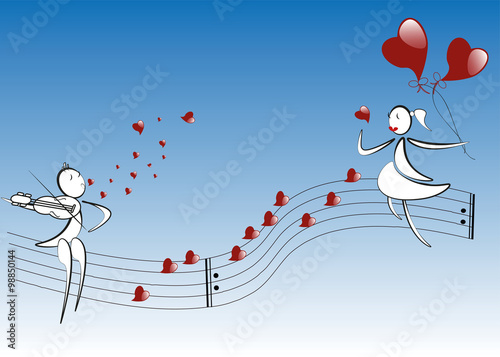boy plays the violin, hearts notes, girl with hearts baloons, bl