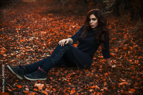 red autuman woman in sweater photo