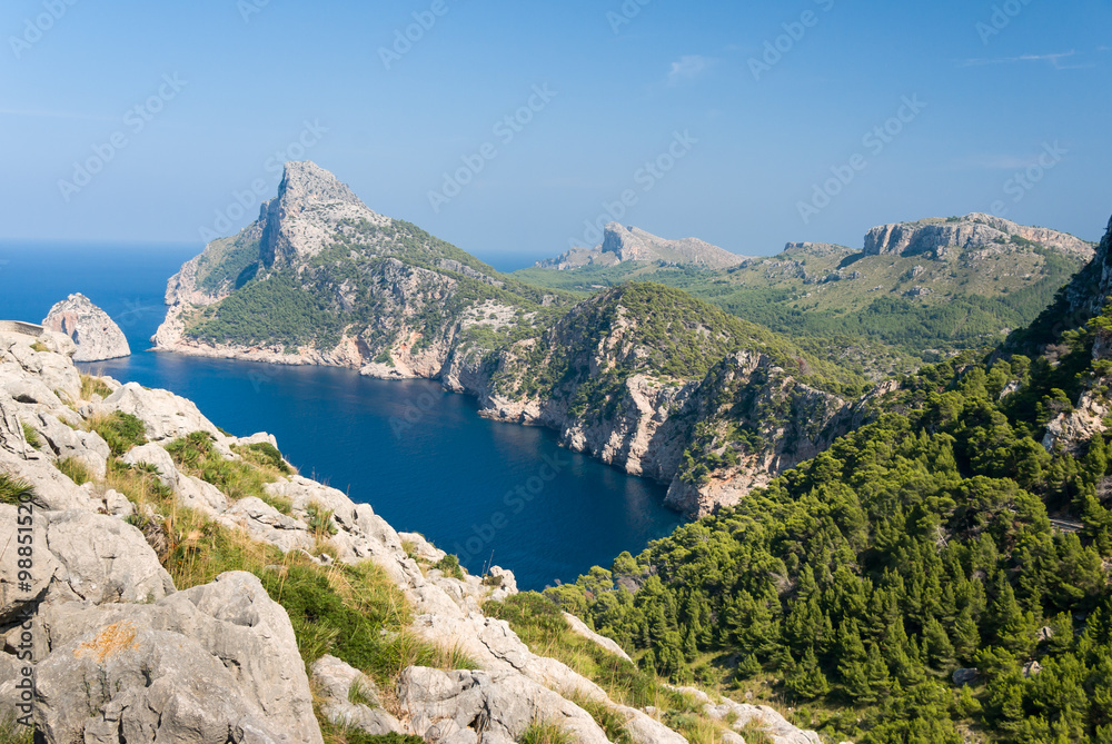 Panoramic view of Cape Formentor. Mallorca. Panoramic view of Cape Formentor and the Mediterranean Sea on a sunny day.