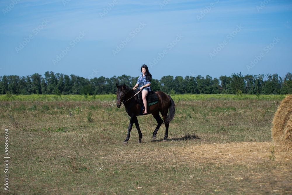 Young beautiful girl with a horse on nature