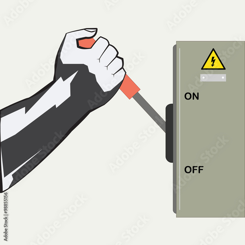 The hand and the Switch.
The device for inclusion, shutdowns and switchings of strong electric currents. The hand holds a knife switch