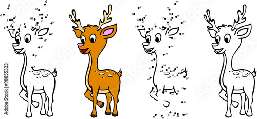 Cartoon deer. Vector illustration. Coloring and dot to dot game