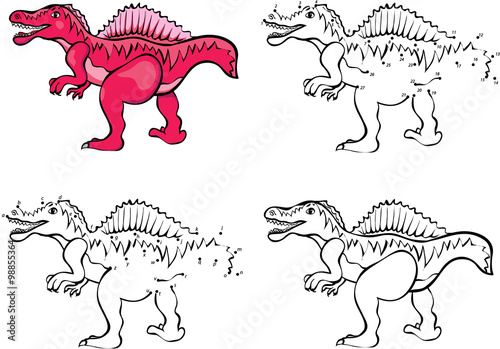Cartoon Spinosaurus. Vector illustration. Coloring and dot to do