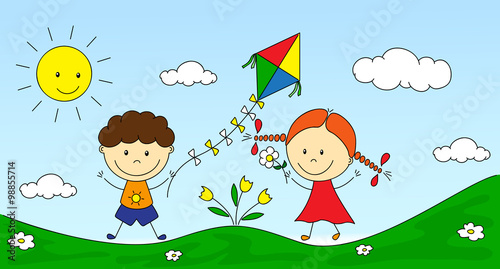 A boy and a girl playing in the meadow and launching a kite