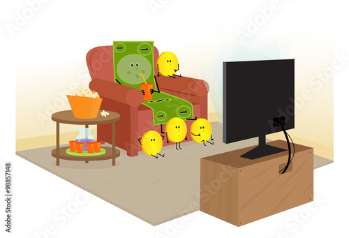 Put Your Money To Work - Dollar bill and gold coins are sitting on a couch, carpet and watching TV. Eps10
