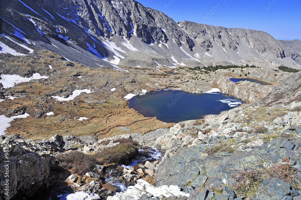 High altitude clear alpine lakes in the Rocky Mountains, as viewed from a mountain summit above while hiking and backpacking.