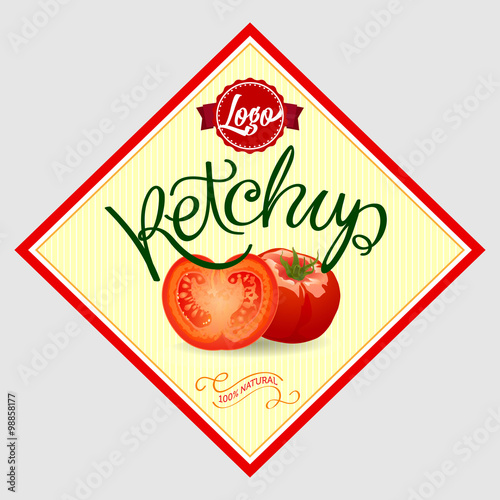 Tomato Ketchup Label. Vector Illustration with Hand Lettered Text and Tomato Illustration.