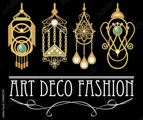 Golden earrings with pearl and emerald in art deco style. Set of four unique ancient jewels, elegant original filigree pendant.