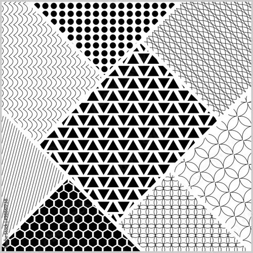 Monochromatic tile whit patterns in patch work style. White and black design, vector ornament