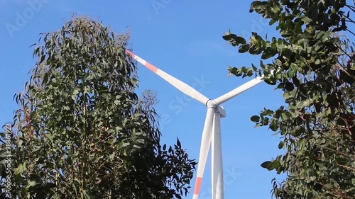 Wind turbine, vegetation, blue sky