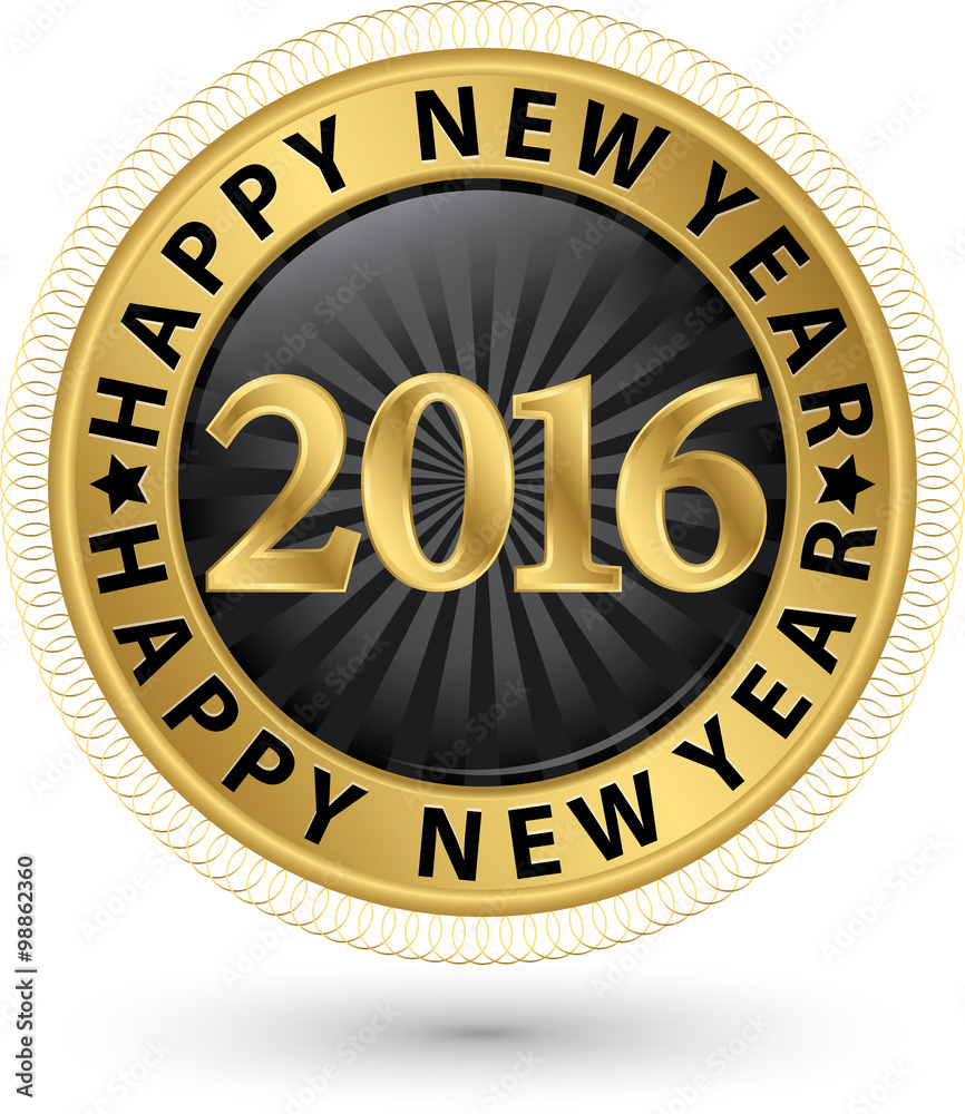 Happy new 2016 year golden label, vector illustration