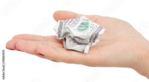100 dollars crumpled in his hand on a white background