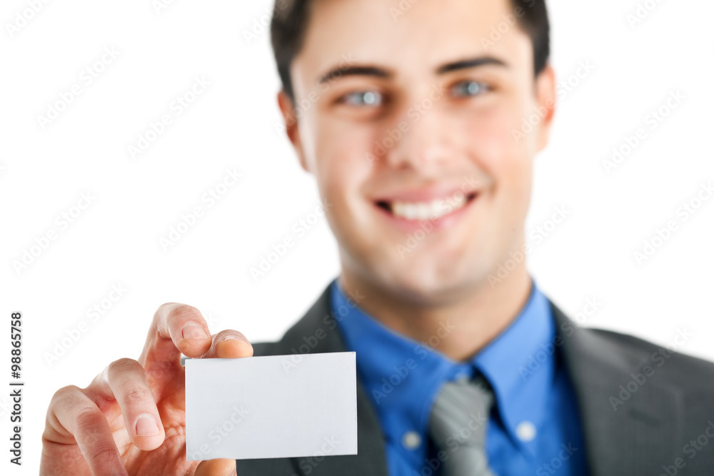 Business man handing a blank business card over white background Business man handing a blank business card over white background