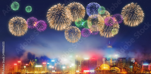 Beautiful fireworks in Hong Kong and Financial district