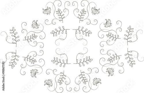 Graphics, design elements floral ornament. Thin black lines on a white background, rhombus
