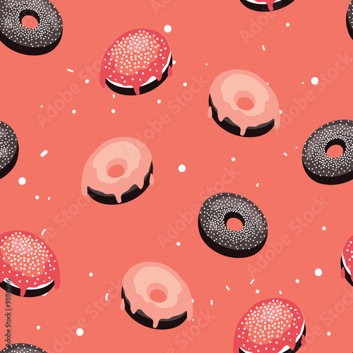Seamless background pattern Delicious dessert Donuts with glaze and sprinkles