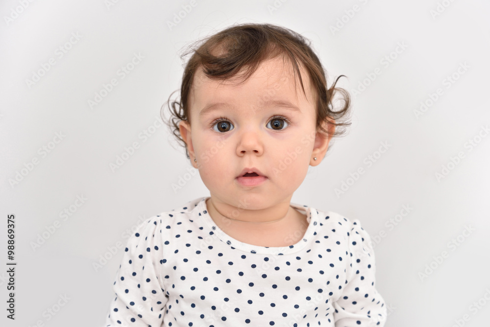 Portrait of a cute baby girl with beautiful big brown eyes. Isolated on a  light gray background. Stock Photo | Adobe Stock