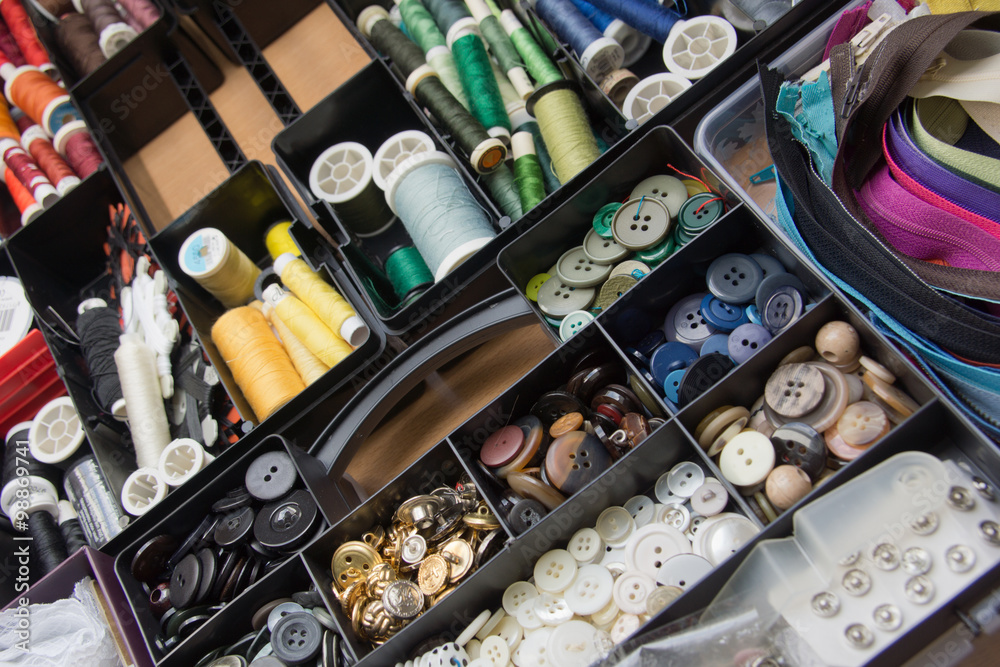 Collection box with craft supplies for needlework