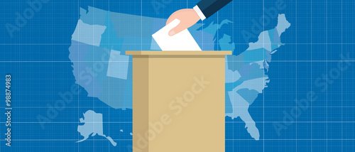 usa map vote election hand holding ballot paper into box US united states of america