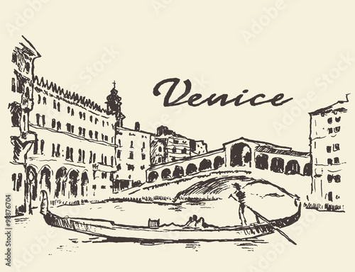 Streets Venice Italy gondola illustration drawn