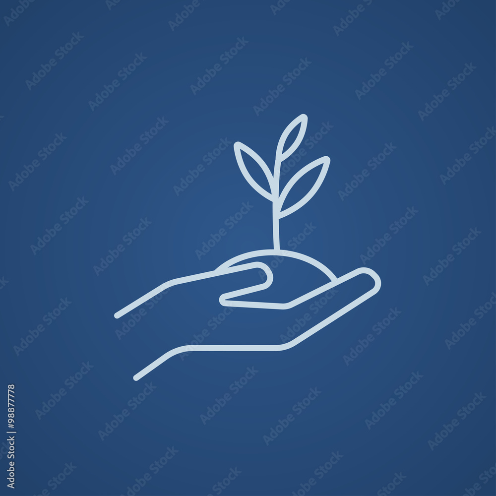 Hands holding seedling in soil line icon. Hands holding seedling in soil line icon.