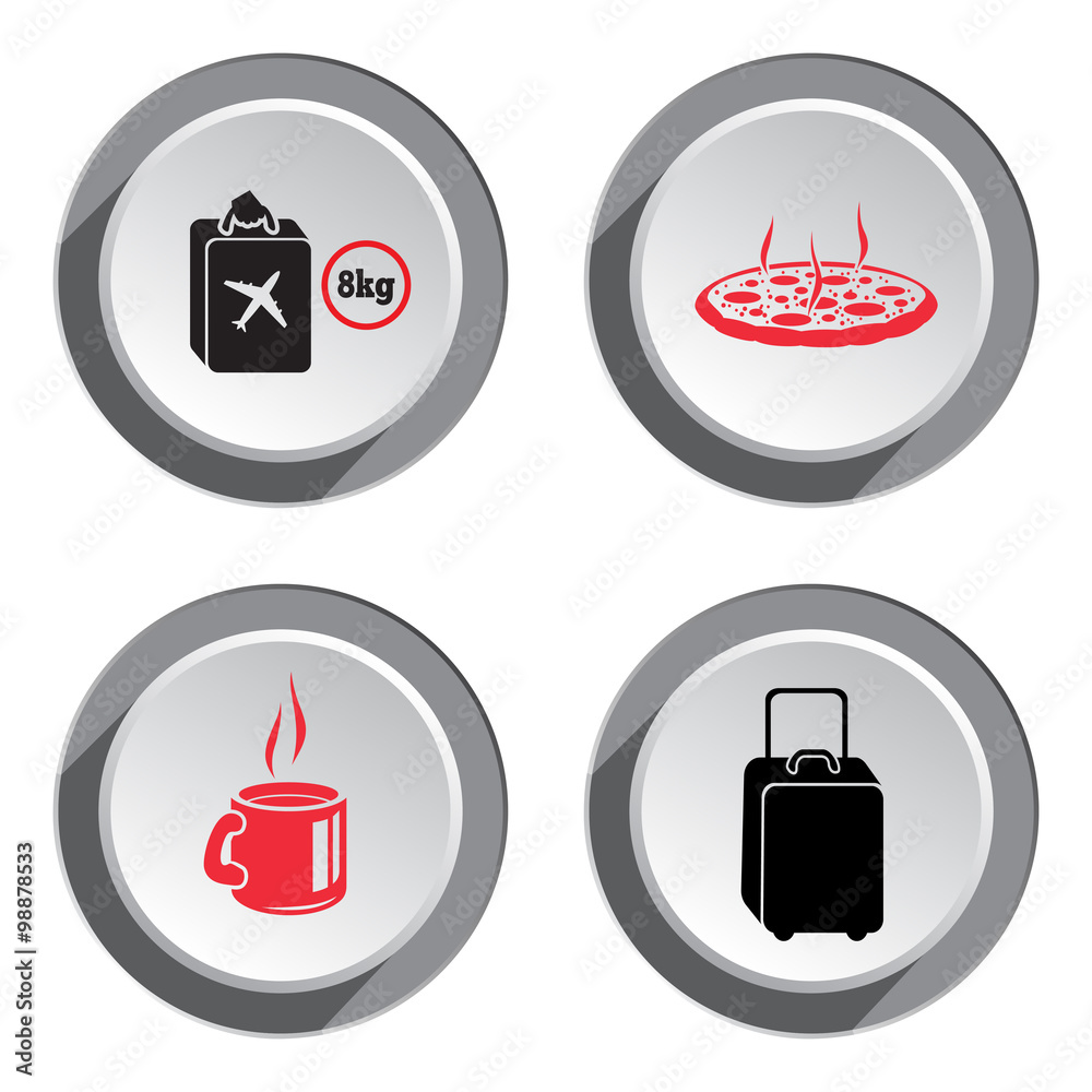 Airport baggage icon set. Hand luggage for traveling. Info symbol. Red icons on white-gray button with shadow. Vector isolated Airport baggage icon set. Hand luggage for traveling. Info symbol. Red icons on white-gray button with shadow. Vector isolated
