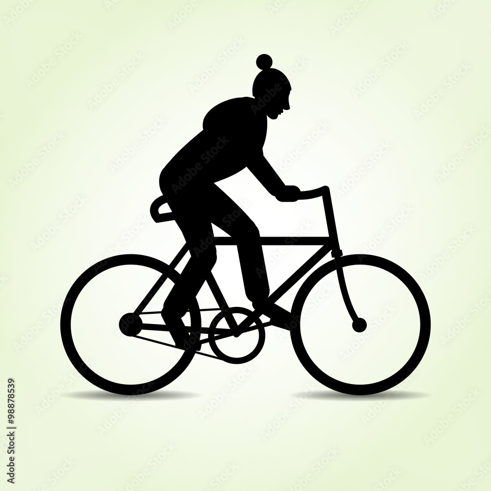 Naklejka premium Teenager, guy goes by bike. Male bicycle icon. Sport symbol. Black silhouette with shadow on light green. Minimalistic flate design. Vector