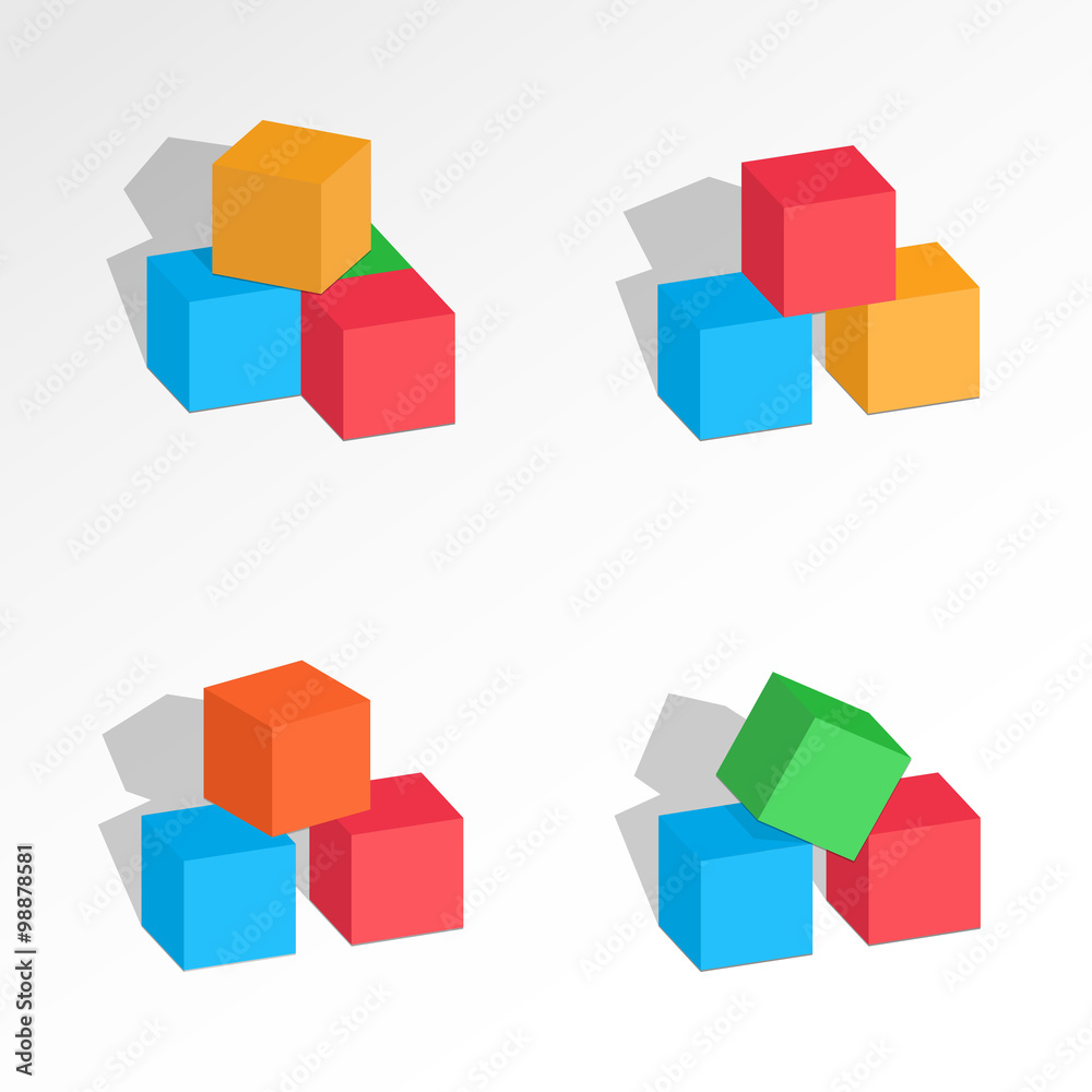 Obraz premium Set of tree cubes compositions. Perspective view. Association, union, join, building, logo, project, game symbol. Colorful icons with shadow. Infographic elements. Vector
