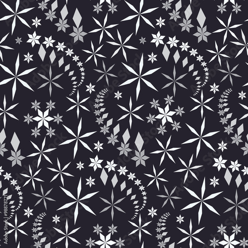 Seamless christmas pattern. Crystal white and gray snowflake stars, whirled silhouettes on black background. Snowfall, snowstorm, winter, New Year holiday theme texture. Vector illustration