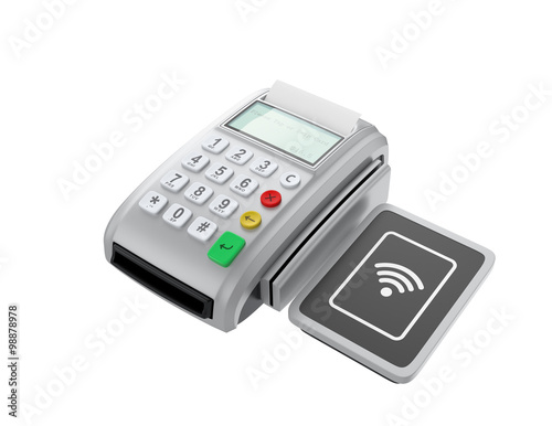 POS device with touch-less pad for nfc system. Smart cashless mobile payment concept.