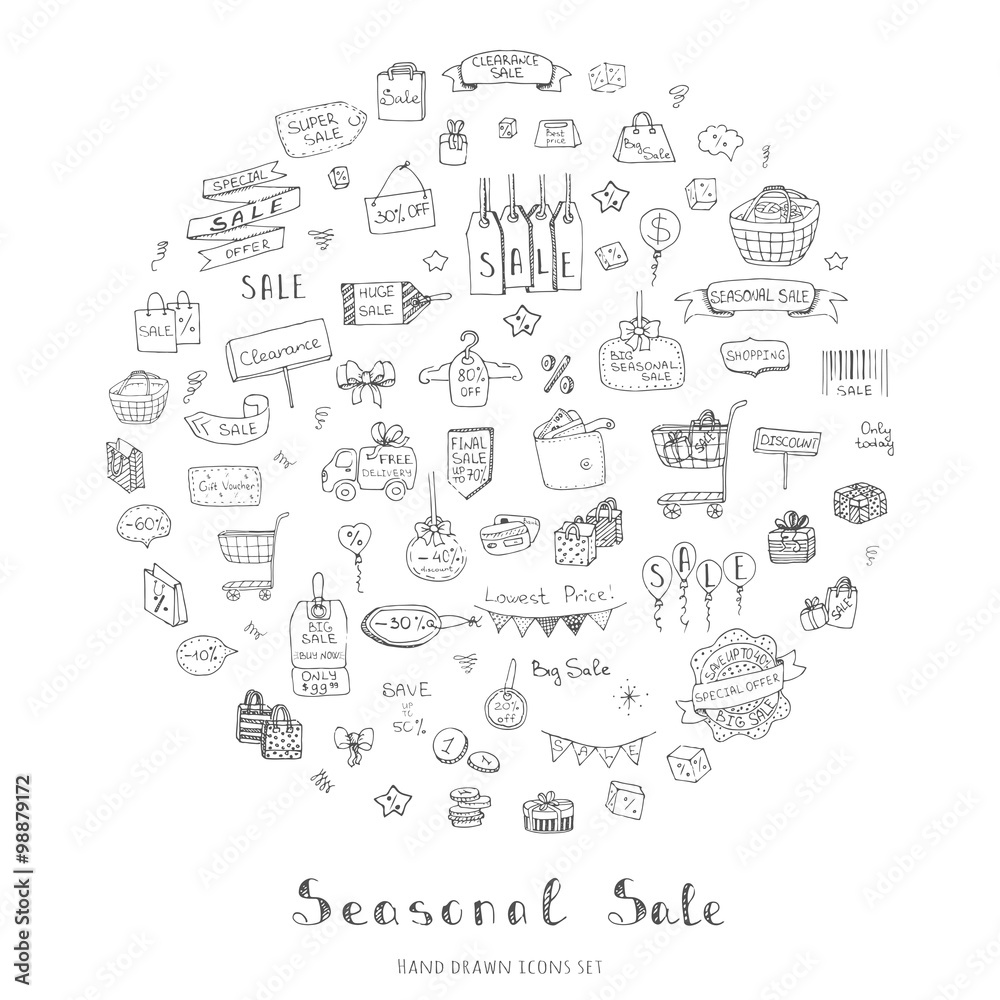 Hand drawn doodle Seasonal Sale Concept set Vector illustration Sketchy Sale icons Special offer elements Tags Clearance Shopping Ribbons Cart, Delivery truck Discount Save up to icons