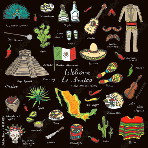 Hand drawn doodle Mexico set Vector illustration Sketchy mexican food icons United Mexican States elements Flag Maracas Sombrero Viva Mexico Maya Pyramid Aztec Tequila Agave Mariachi Poncho Guacamole