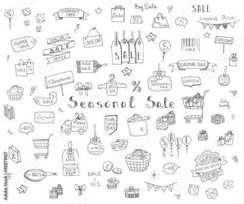 Hand drawn doodle Seasonal Sale Concept set Vector illustration Sketchy Sale icons Special offer elements Tags Clearance Shopping Ribbons Cart  Delivery truck Discount Save up to icons