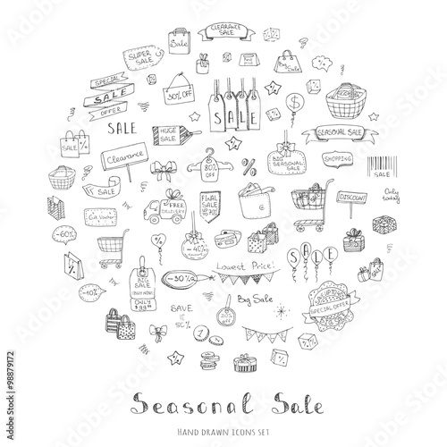 Hand drawn doodle Seasonal Sale Concept set Vector illustration Sketchy Sale icons Special offer elements Tags Clearance Shopping Ribbons Cart, Delivery truck Discount Save up to icons