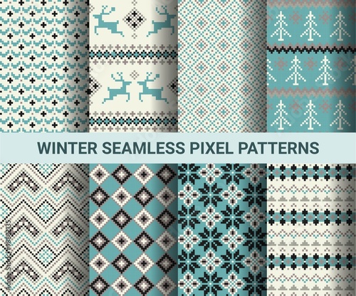 Collection of pixel retro seamless patterns with stylized winter Nordic ornament. Vector illustration.