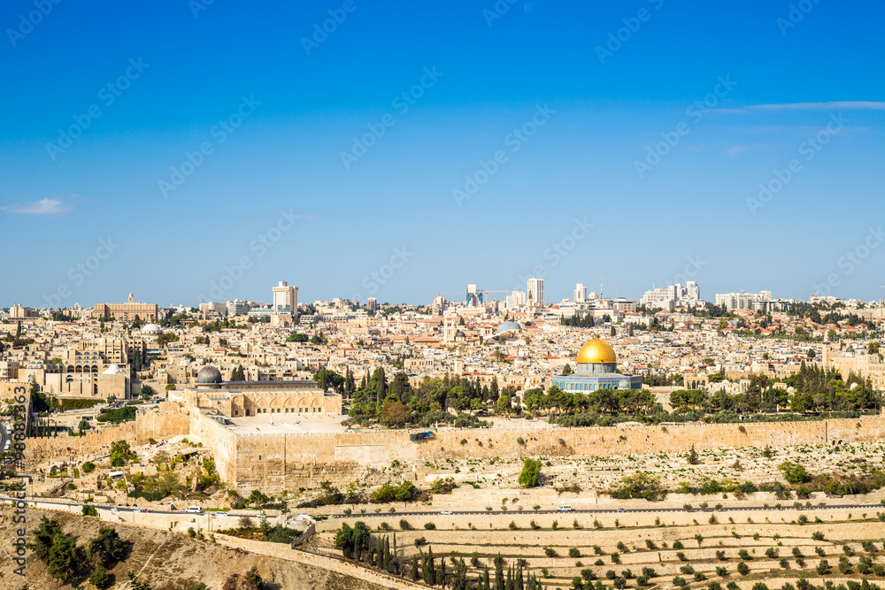 Skyline of the Old City at Temple Mount in Jerusalem, Israel.
