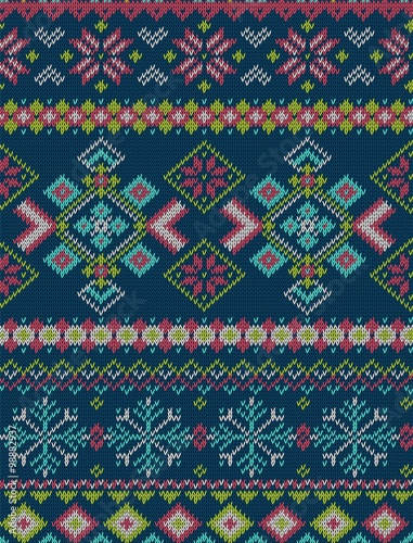 Knitted bright seamless winter holiday pattern with stylized nordic sweater ornament. Clothing design. Vector illustration.